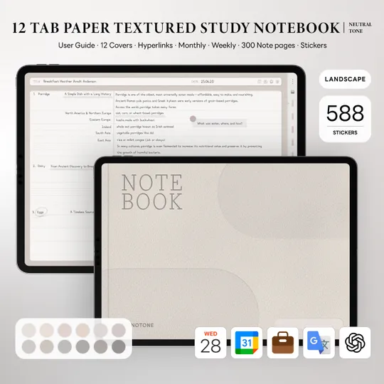 12 Tab Paper Texture Study Notebook (Shortcuts Integration, Landscape)