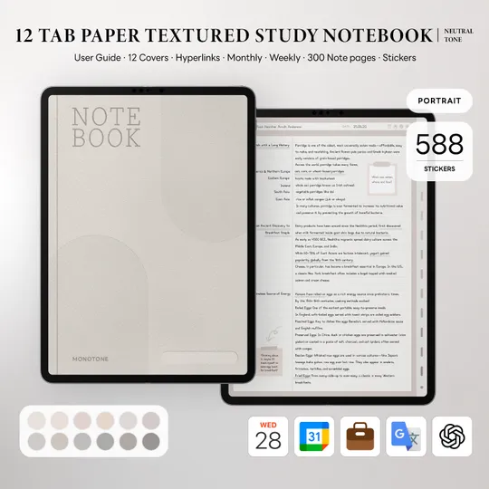 12 Tab Paper Texture Study Notebook (Shortcuts Integration, Portrait)