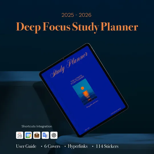 2025-2026 Deep Focus Study Planner Blue&Orange (Stickers, Shortcuts Integration)