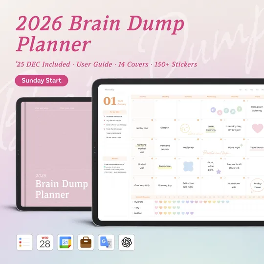2026 Daily Brain Dump Planner (Sun. Start)