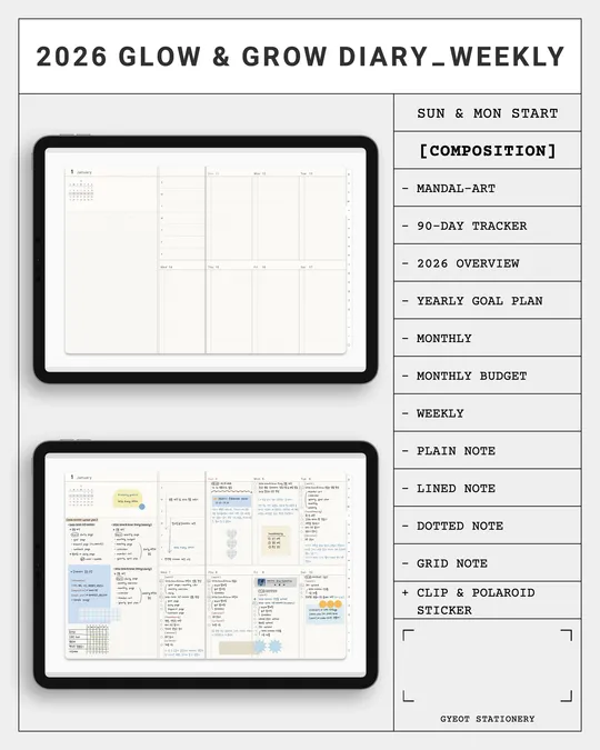 [40%할인] 2026 Glow & Grow Diary (위클리) (일/월 시작, 월별 가계부, 부록 스티커 제공)-thumb